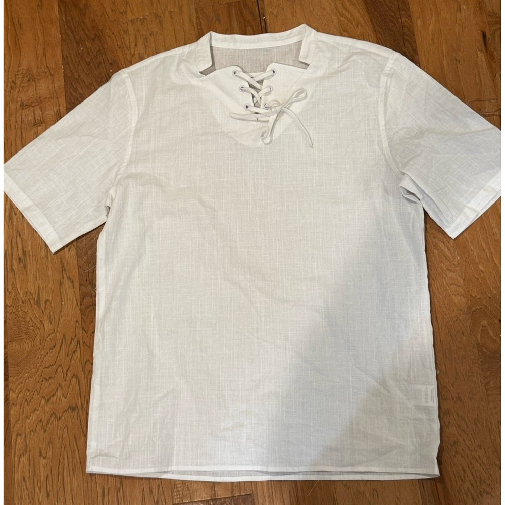 Calvin Klein Womens Cotton Woven V-Neck Lace Tie Short Sleeve Blouse White M